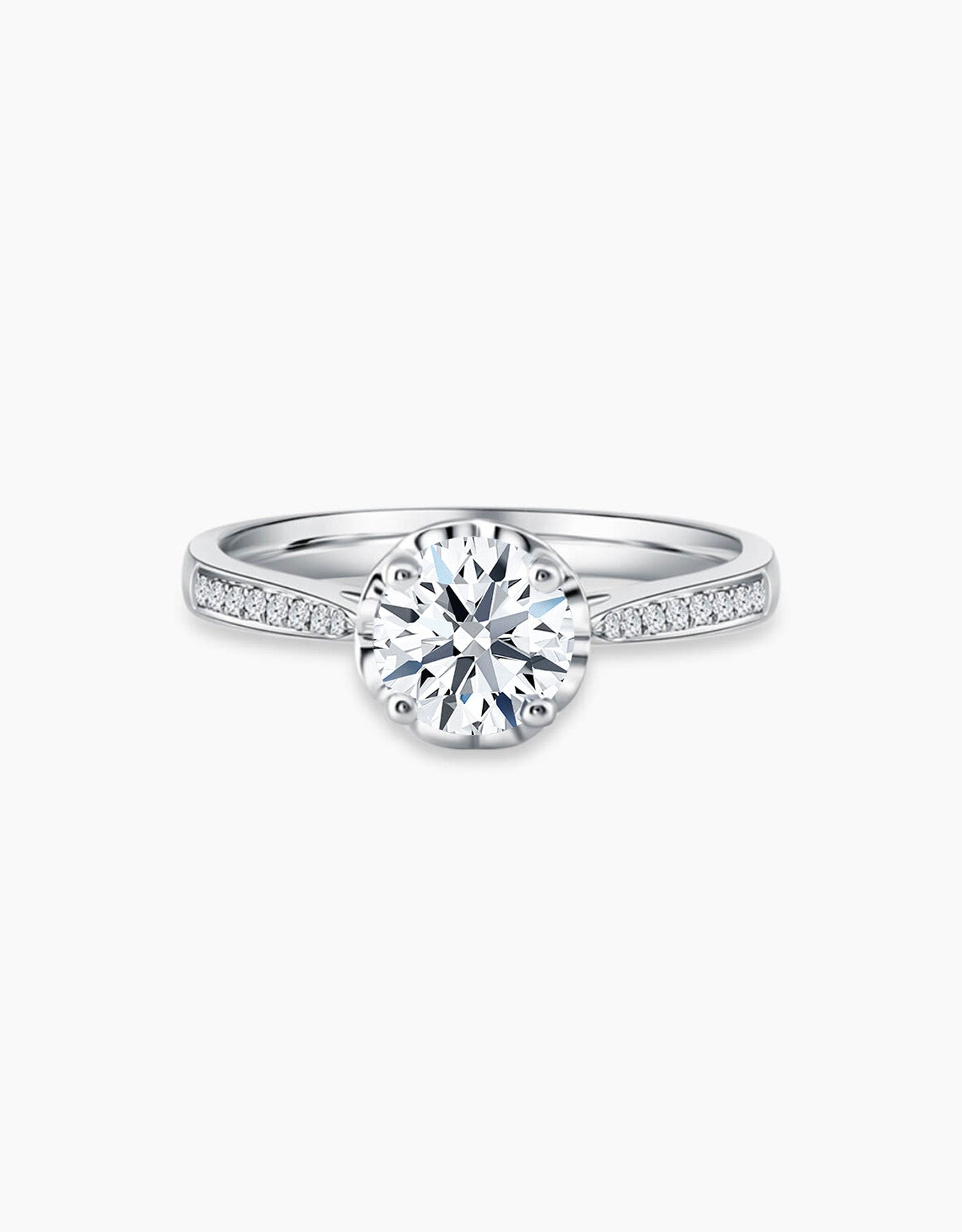 LVC lab grown diamond ring in white gold with a center stone and smaller diamonds surrounding the band