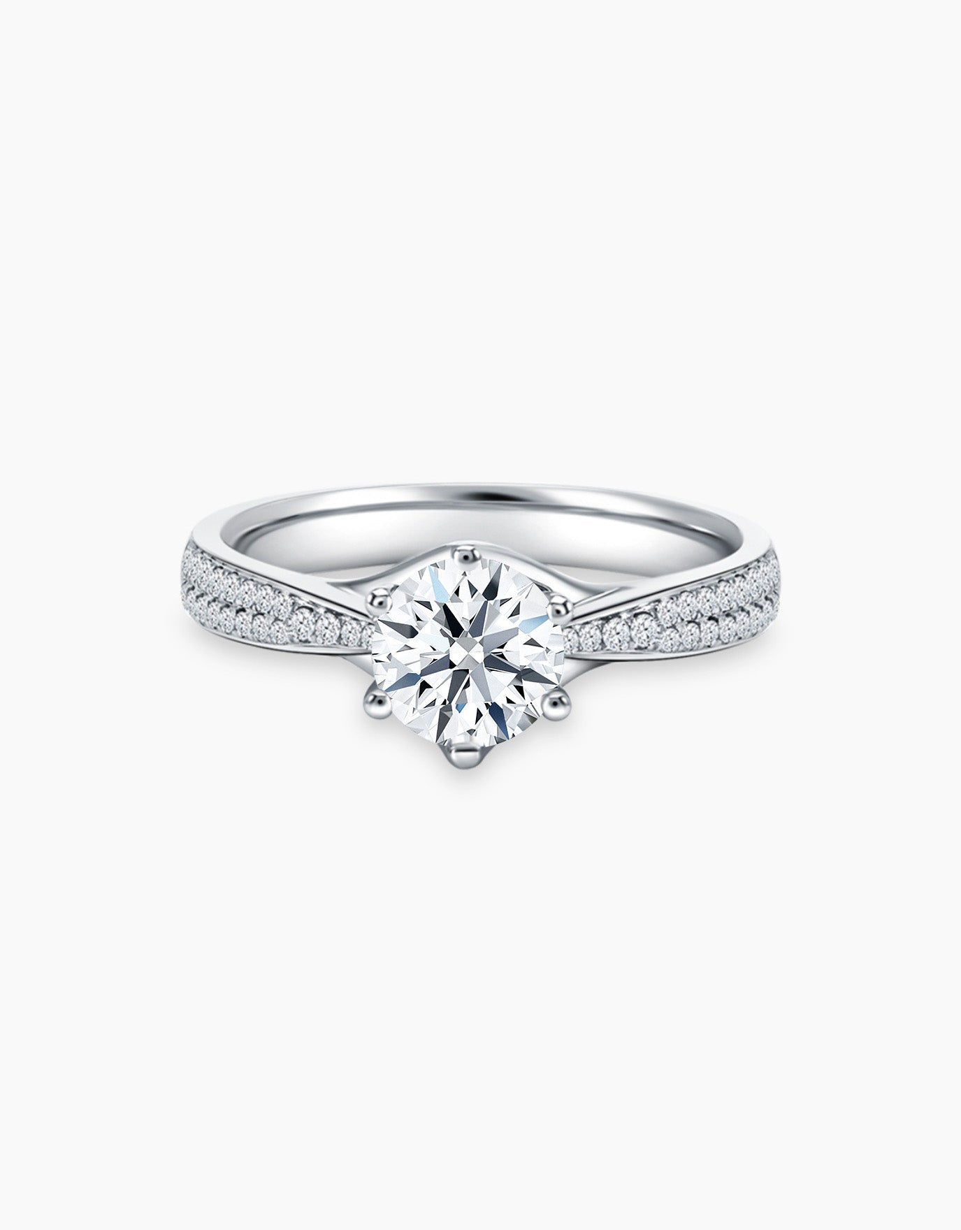 LVC lab grown diamond ring with a tapered paved band and 6 prongs holding the diamond