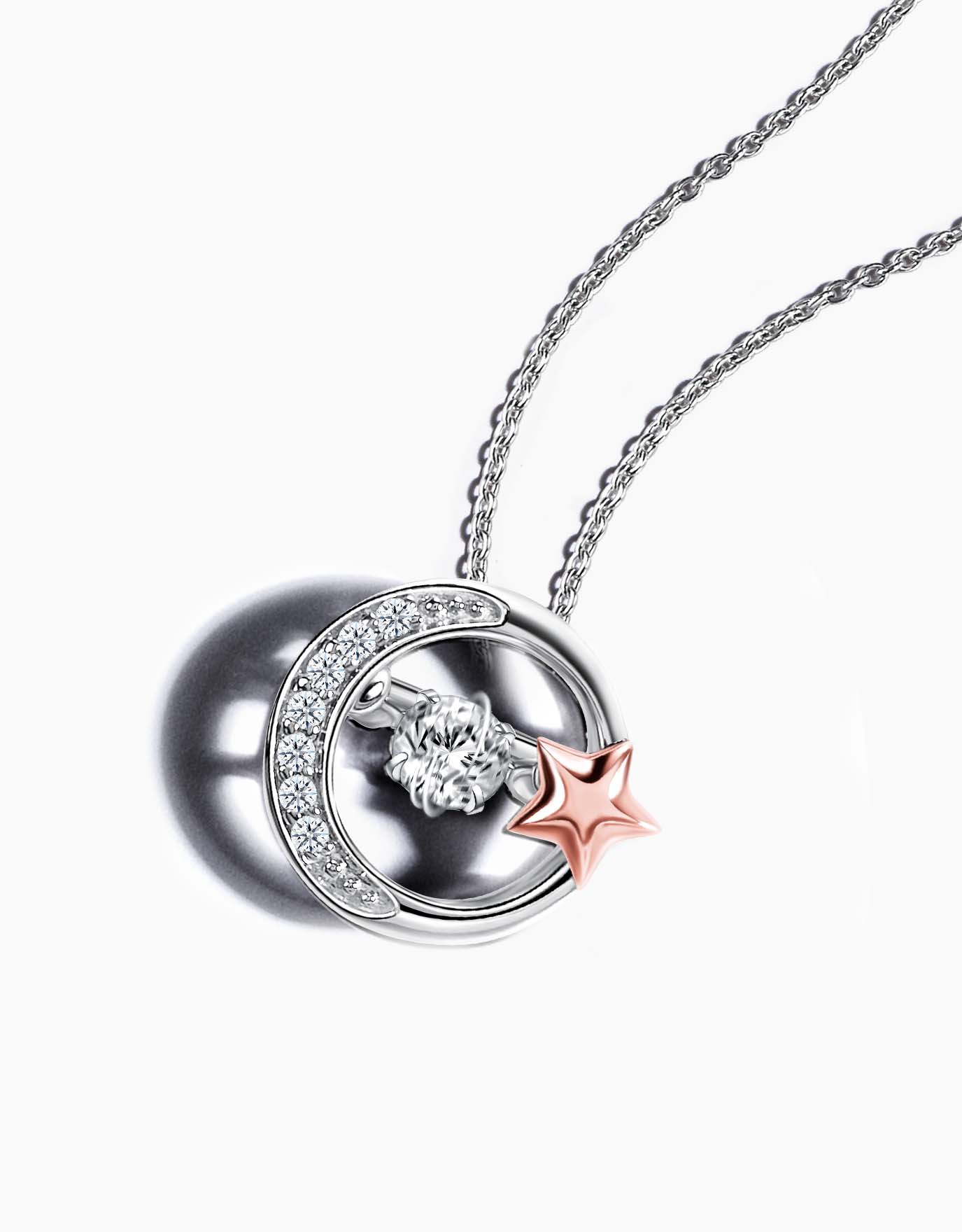 LVC necklace in white gold crafted with a center dazzling diamond stone and a tiny star in rose gold