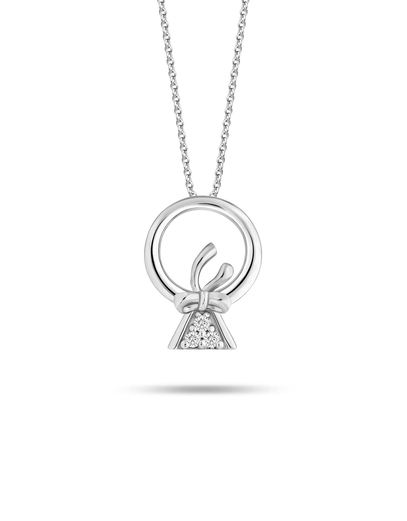 LVC necklace in white gold features a dainty rose gold bow tied on the mini ring pendant