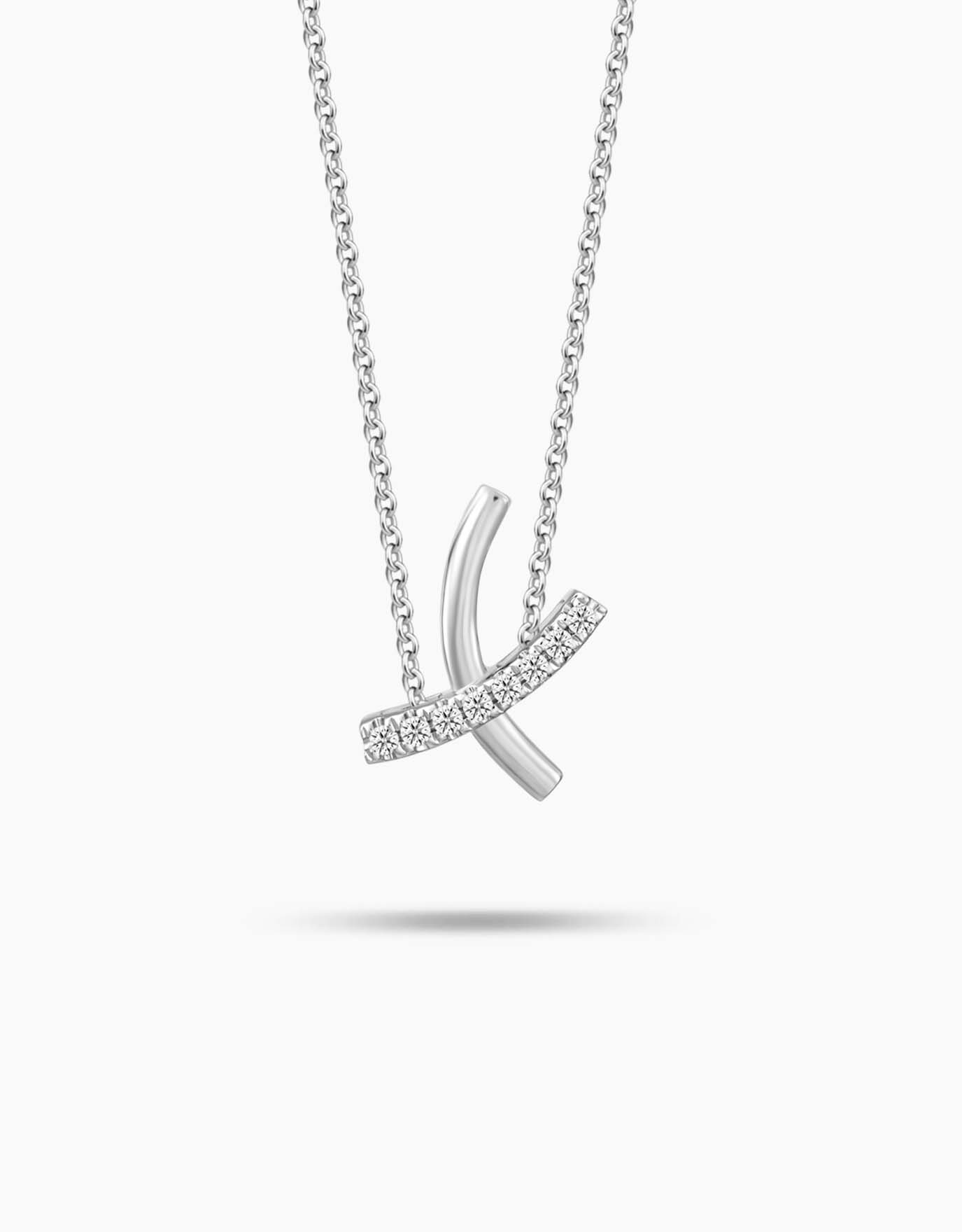 LVC white gold necklace designed with 2 overlapping white gold curves into a delicate x