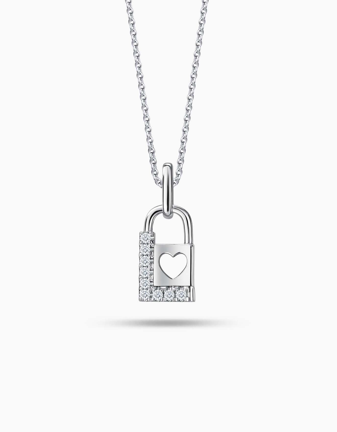 LVC white gold necklace with a pendant that has the shape of a lock and a L shape encrusted with diamonds