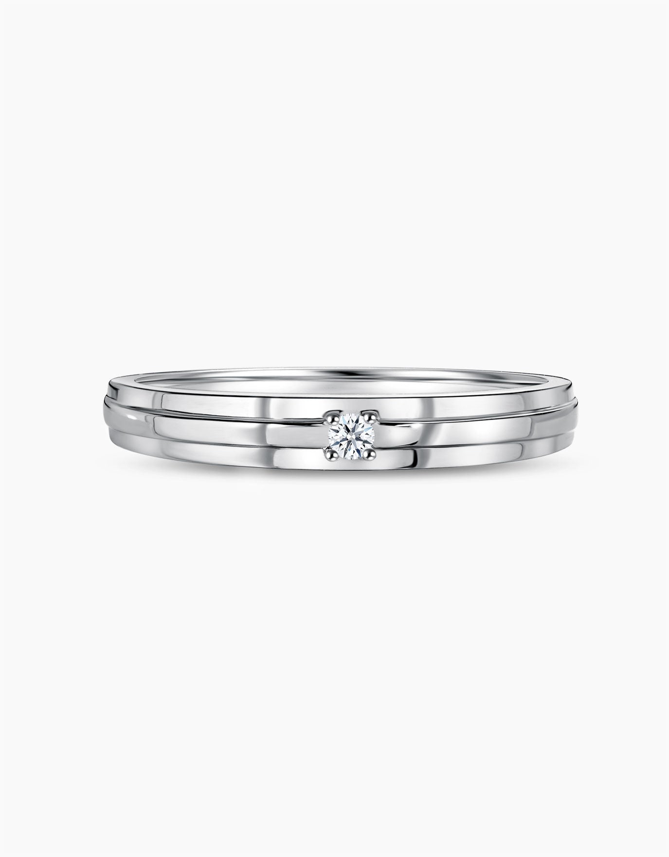 LVC men wedding ring in 14k white gold with three layered band in a glossy finish with one center diamond