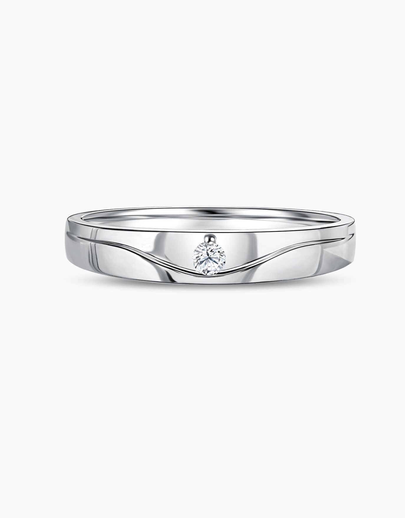 LVC men wedding ring in 14k white gold with a curved line under the center stone diamond finished with a glossy finish