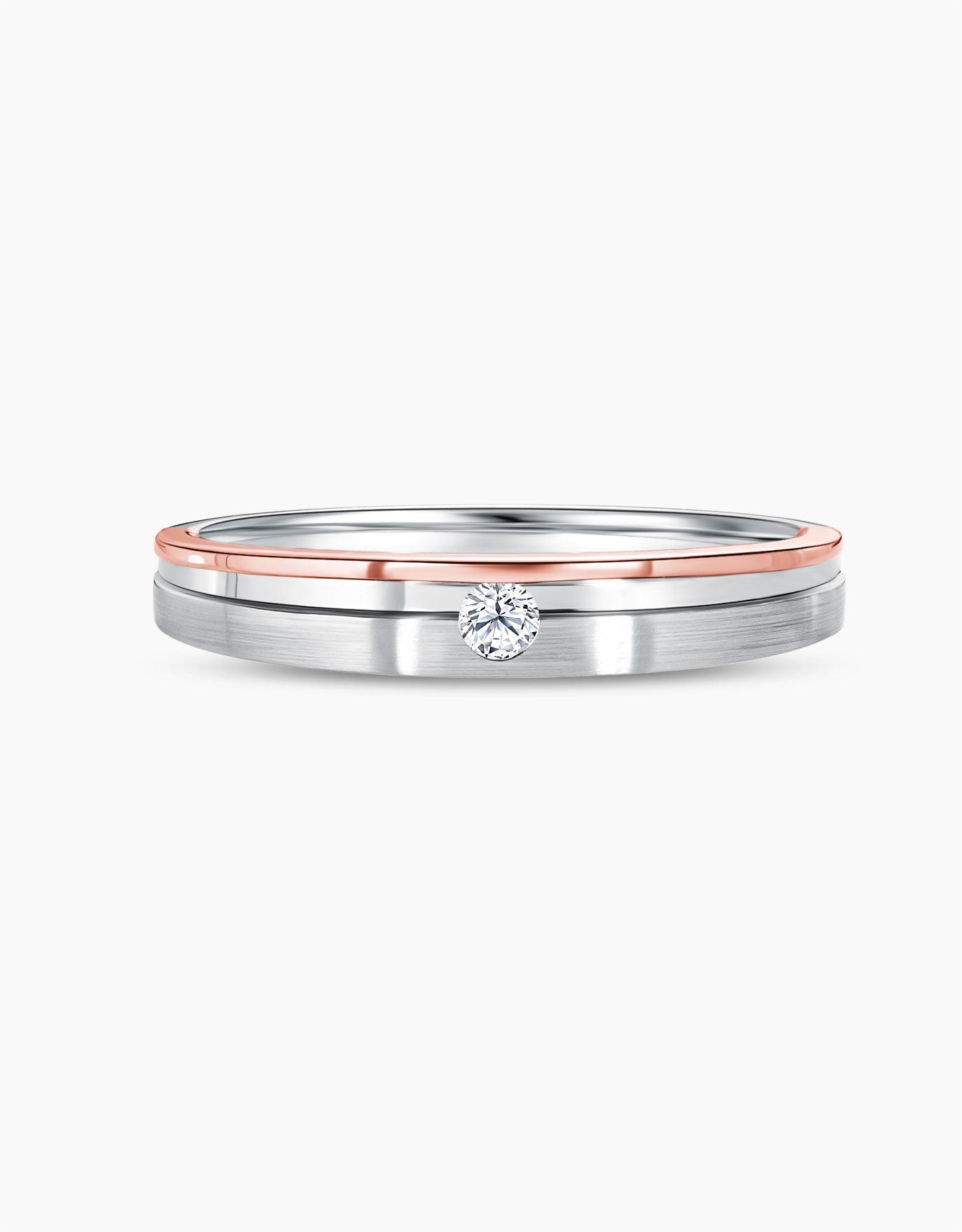 LVC wedding ring in glossy and matte finish of 14k white gold and rose gold with a center diamond stone