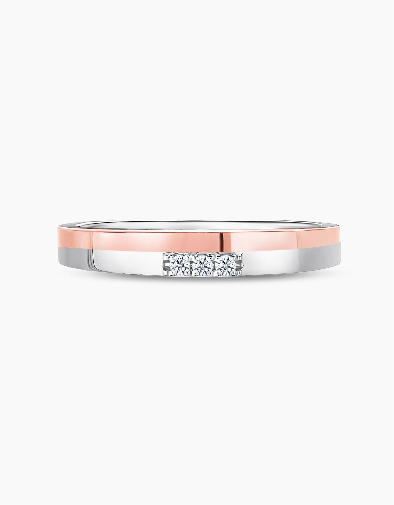 LVC wedding ring in 14k rose gold and white gold designed with duo tone with three diamonds