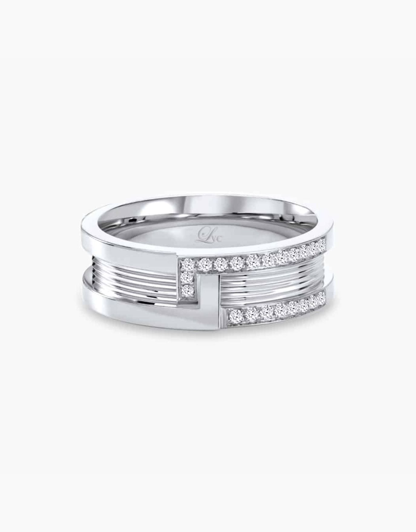 LVC wedding band in white gold with diamonds fitted with our signature bolt and nut look