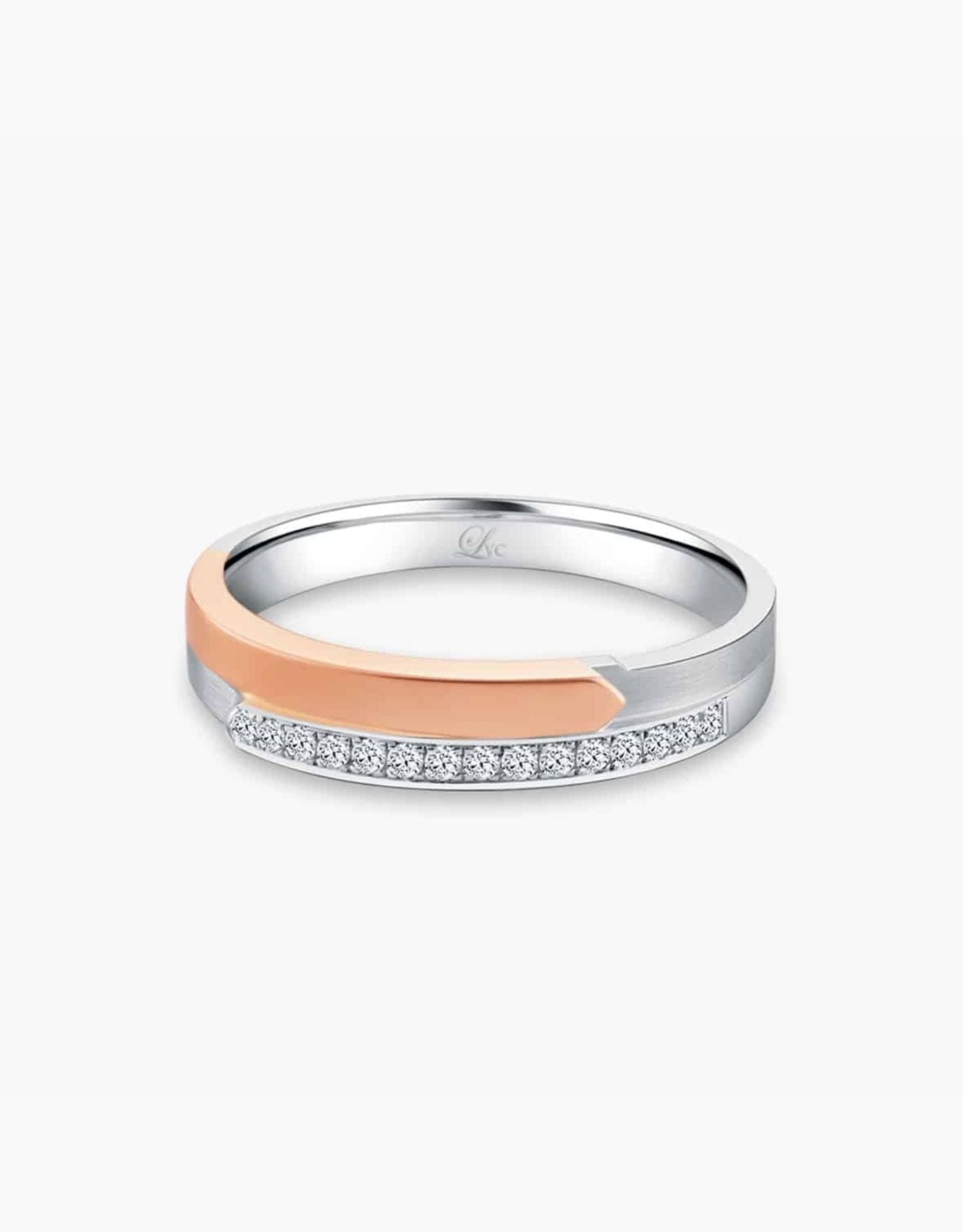 LVC wedding ring designed with a mix of white gold and rose gold with diamonds