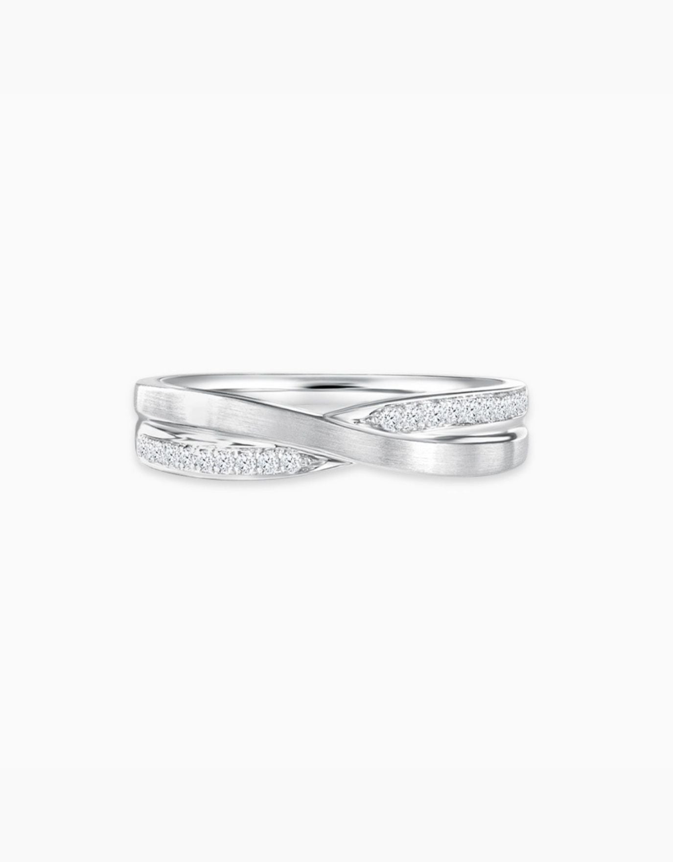 LVC wedding ring in platinum designed with an intertwining of bands to form a unique cross