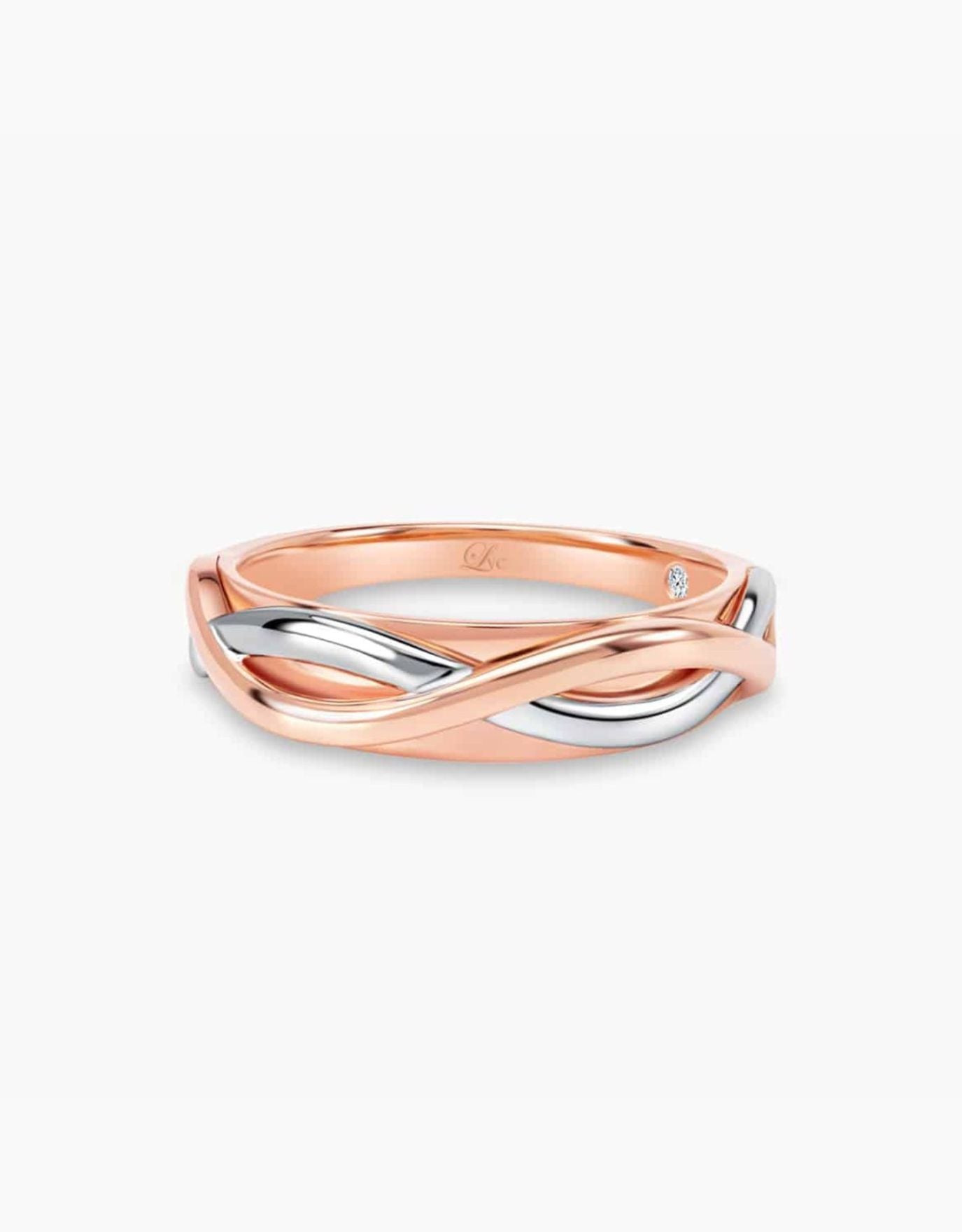 LVC men wedding ring designed with entwined curves of white and rose gold material 