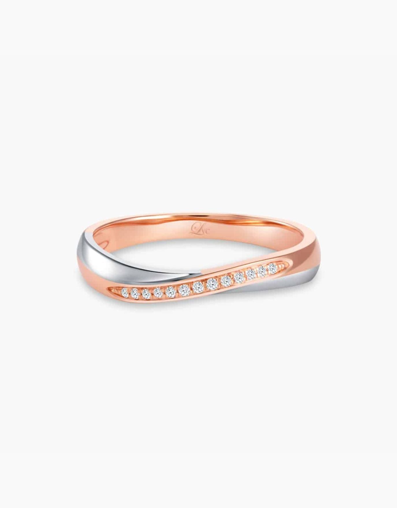 LVC wedding ring in both white and rose gold with diamonds along the band