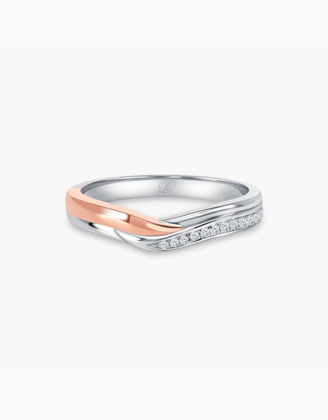 LVC wedding ring with a contoured design in white gold and rose gold with diamonds on the white gold band