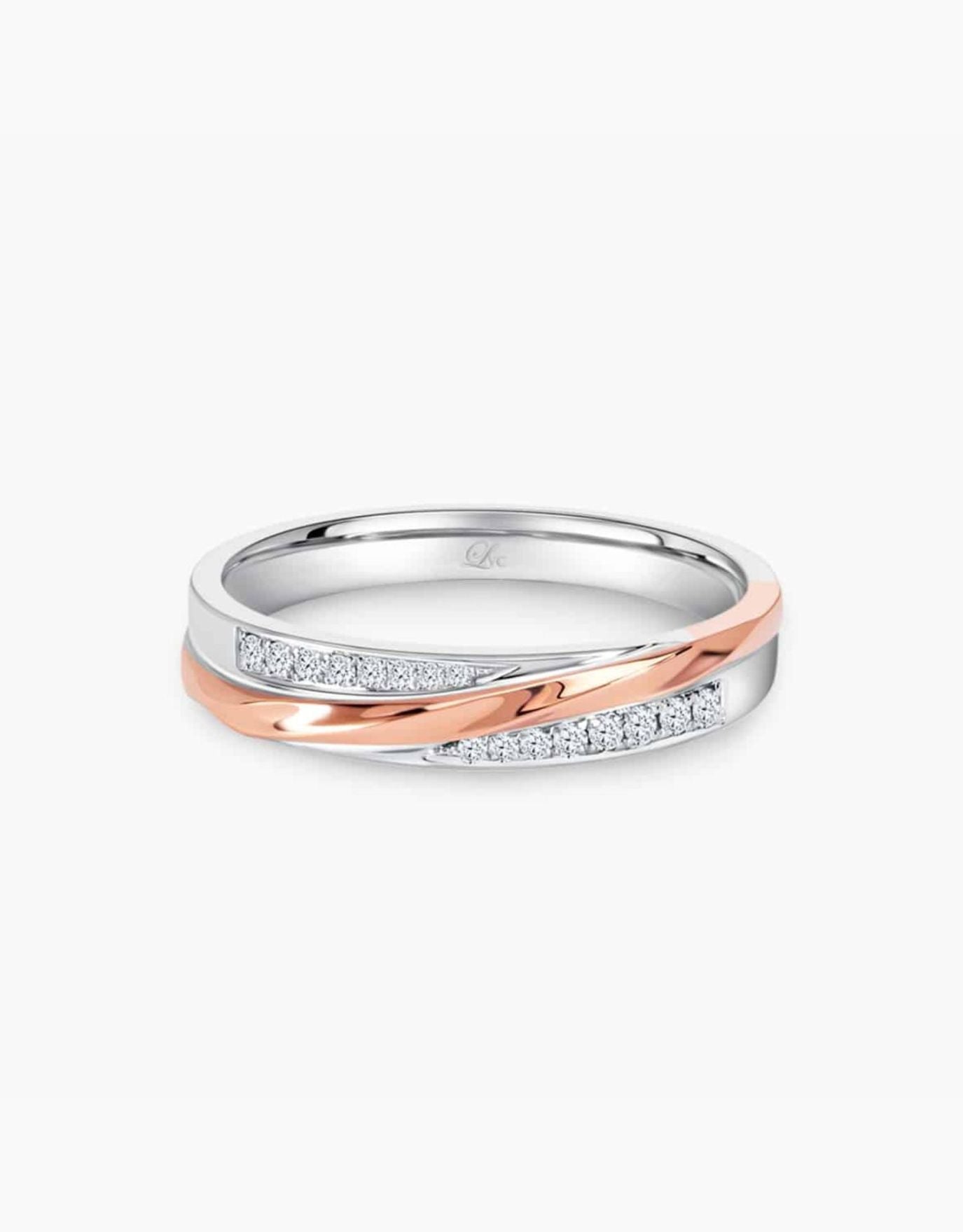 LVC wedding ring designed with two rows of stunning diamonds across the white gold band with a line of rose gold in the middle of the wedding ring