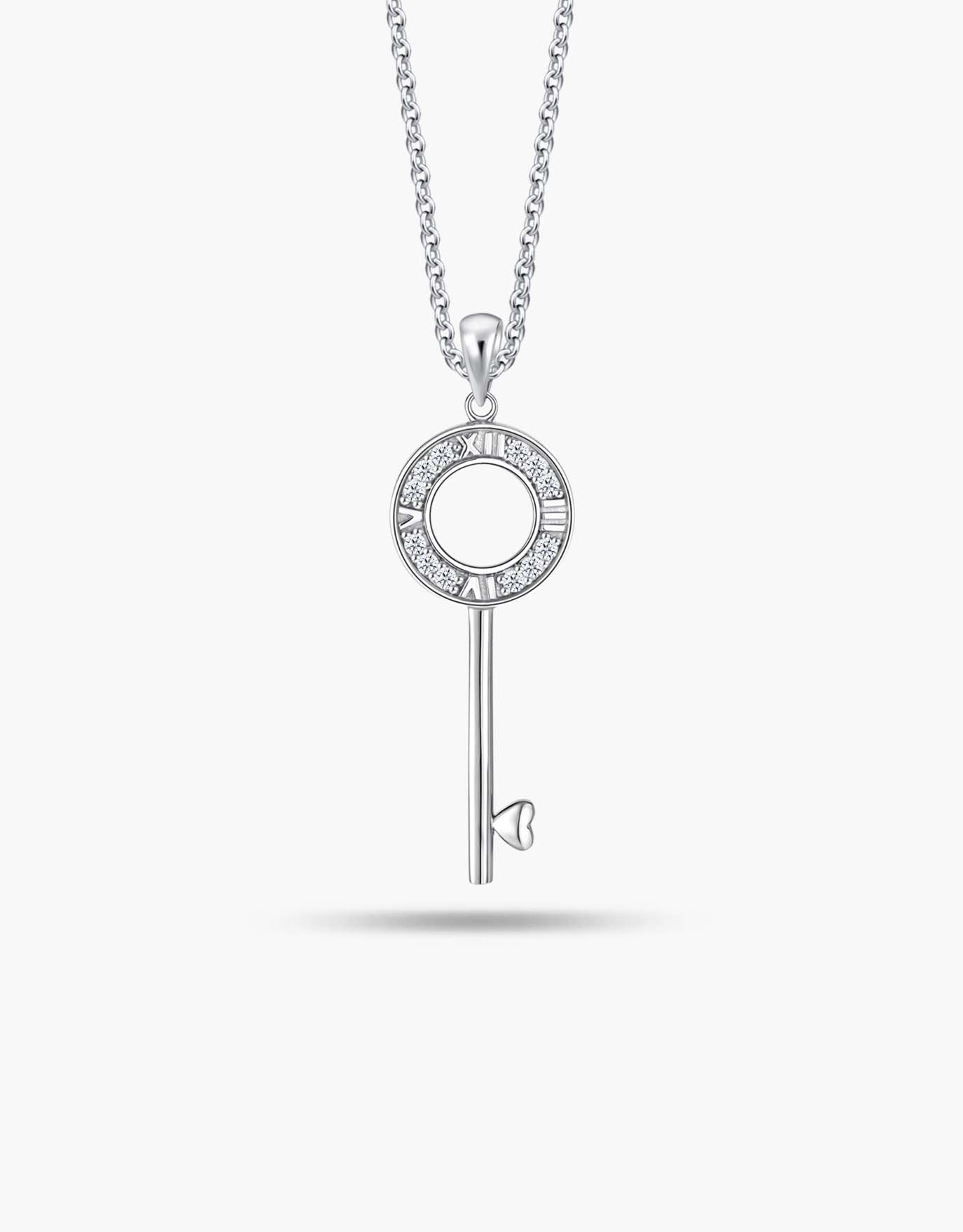 LVC necklace in white gold with Diamond Key Pendant features roman numerals surrounded by twelve stunning diamonds