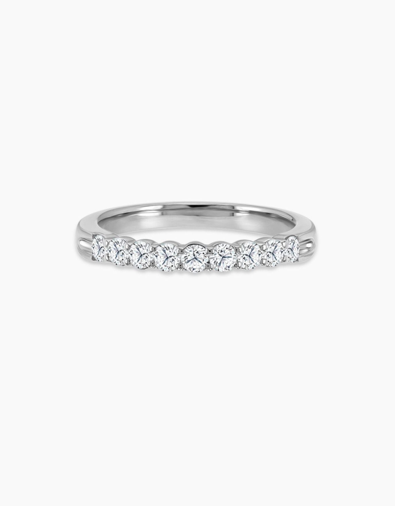 LVC wedding ring with lab grown diamonds on a white gold band with glossy finish