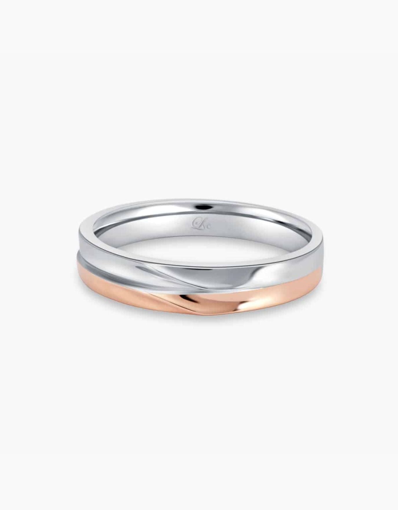 LVC men wedding ring designed with subtle curves of white and rose gold on the band