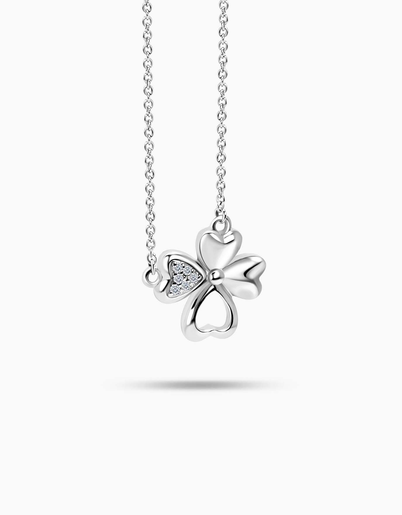 LVC Diamond Necklace in white gold with a pendant designed in the shape of a four-leaf clover with one encrusted with diamonds