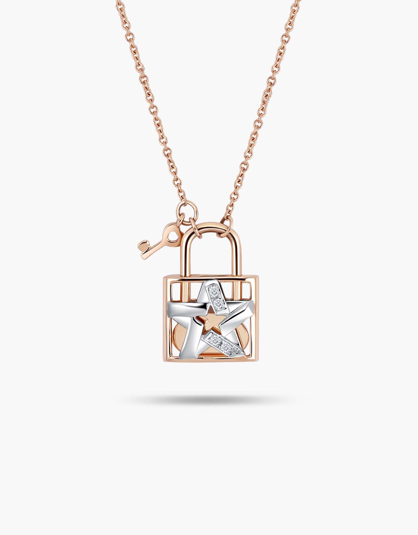 LVC necklace in rose gold with a lock and star encrusted with diamonds pendant along with tiny key dangling