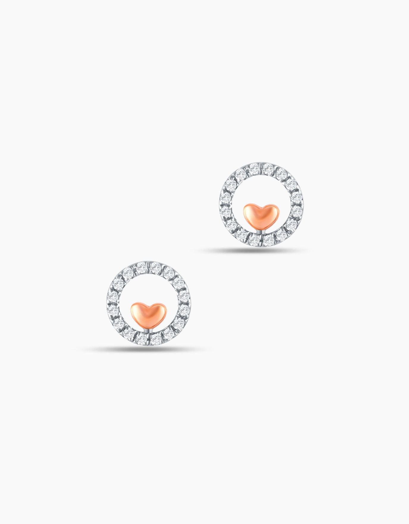 LVC diamond earrings with round design and rose gold heart inside encrusted with diamonds