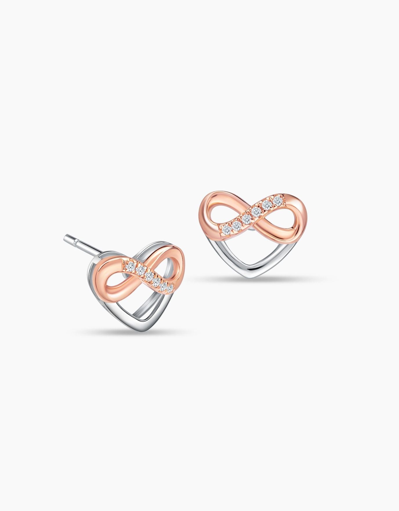 LVC diamond earrings with infinity symbol and a heart in white gold and rose gold