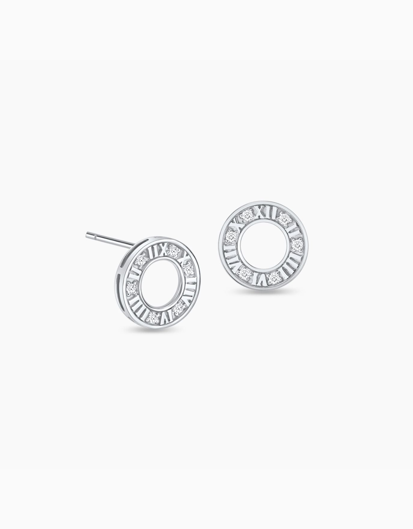 LVC diamond earrings with round design encrusted with roman numerals and diamonds in white gold