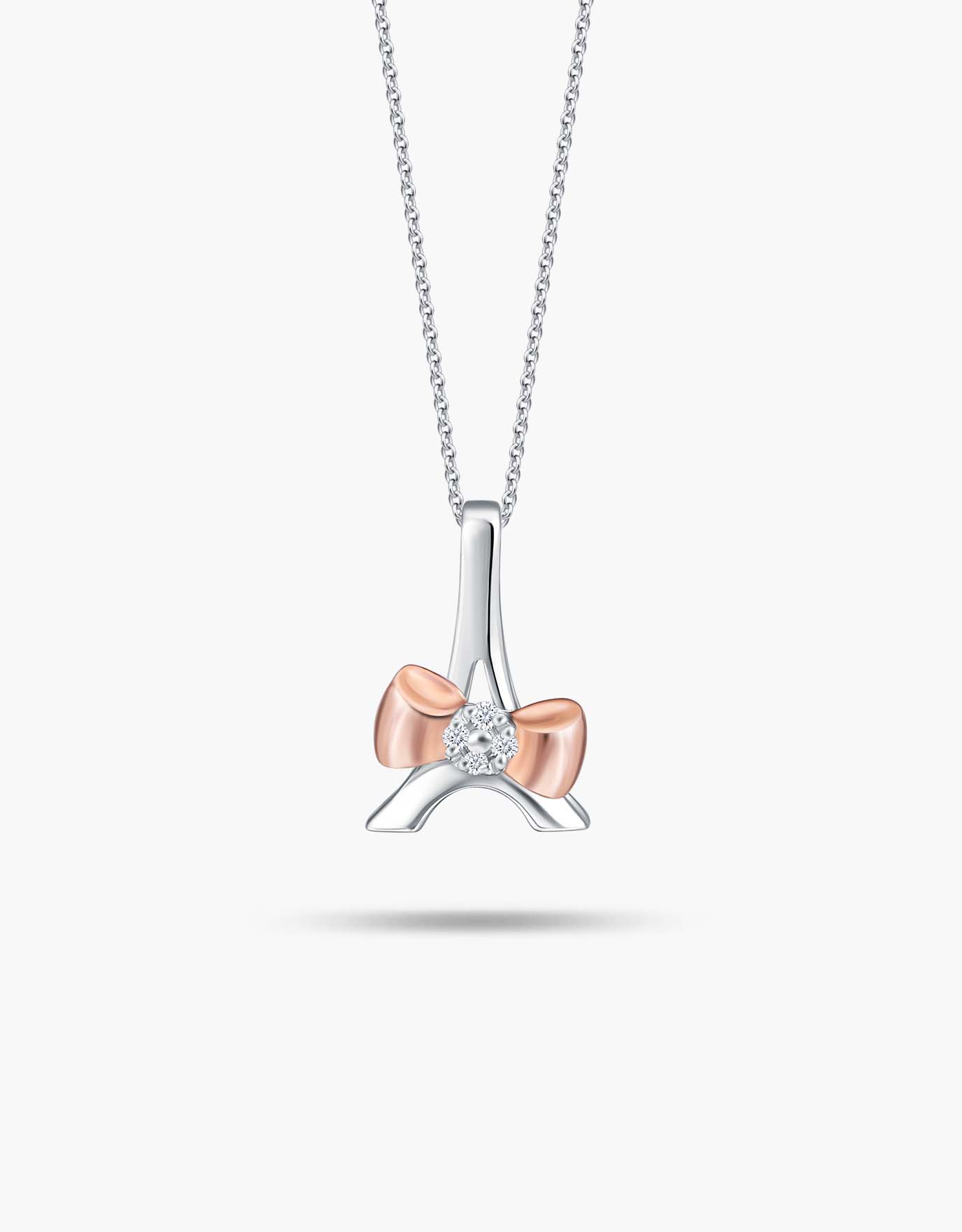 LVC necklace in white gold with a pendant designed in the shape of the Eiffel Tower, finished with a rose gold knot and diamond