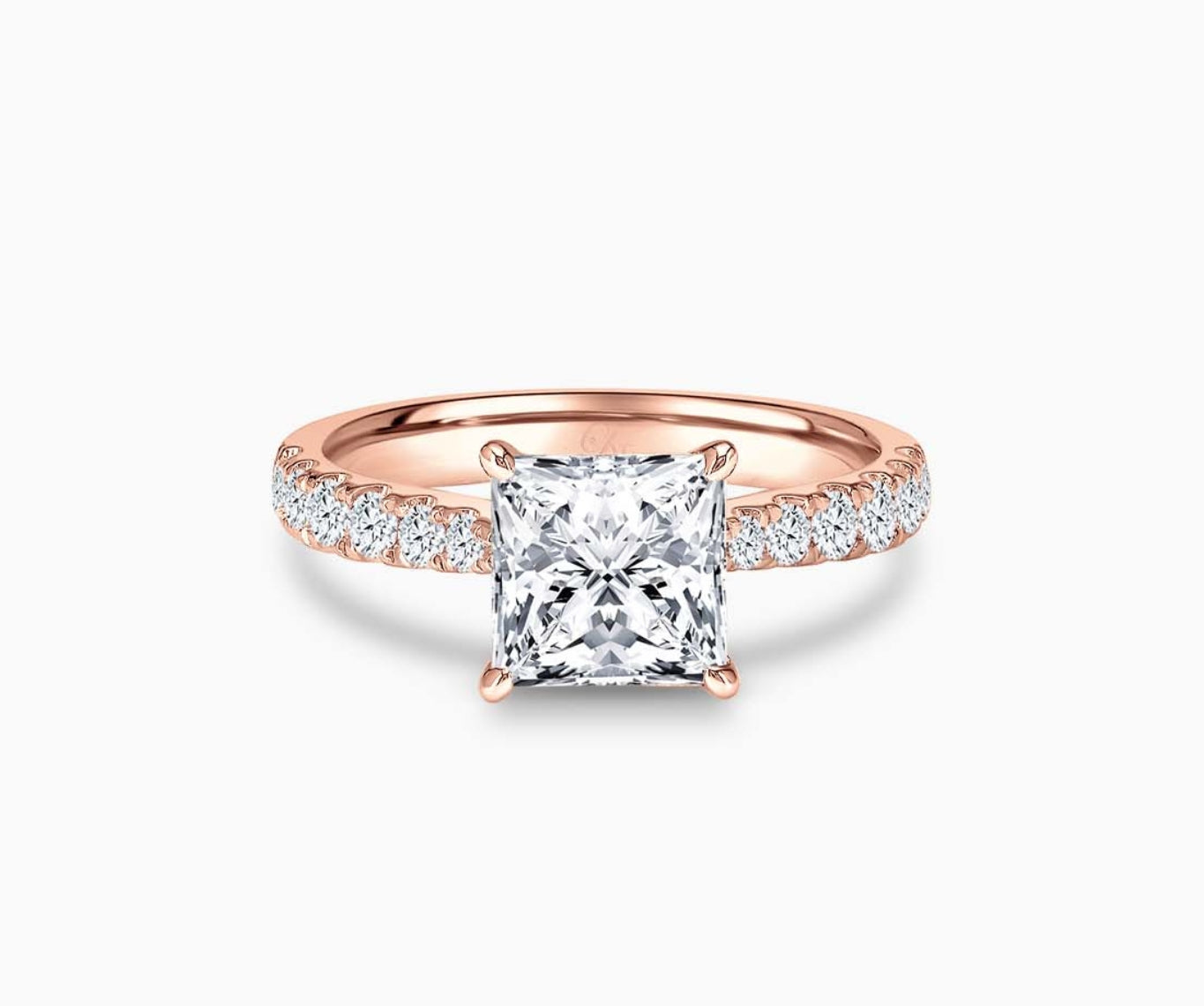 LVC solitaire ring with tapered pave band style, lined with side diamonds in rose gold