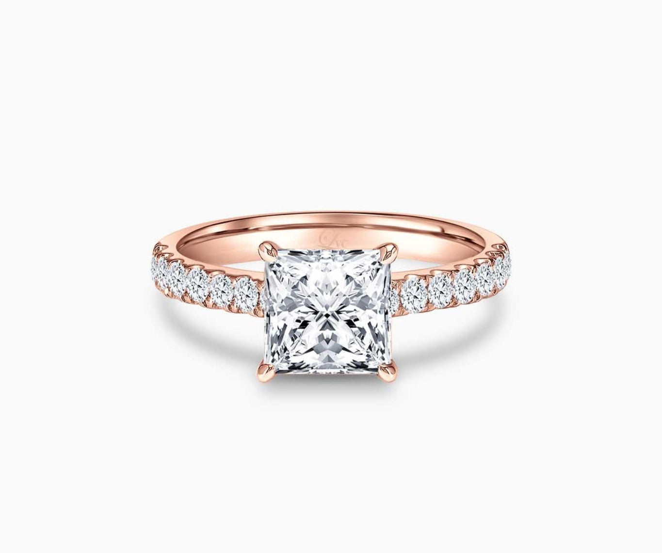 LVC solitaire ring with the classic straight pave band lined with side diamonds for your everyday sparkle in rose gold 