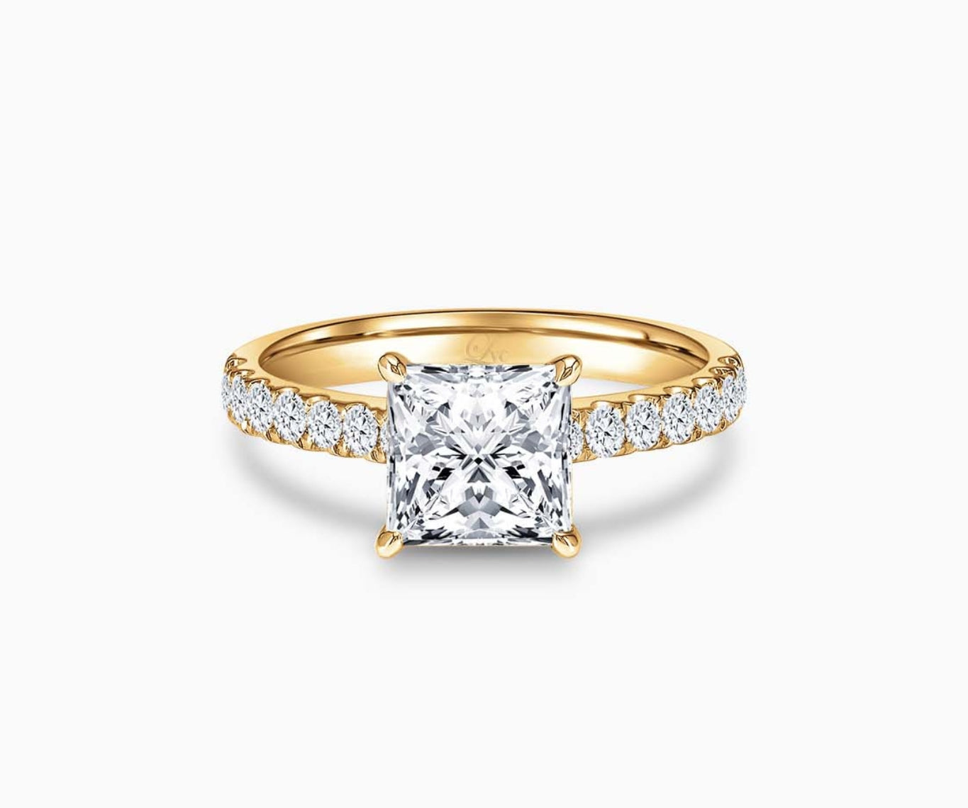 LVC solitaire ring with classic straight pave band lined with side diamonds and big diamond on the centre in yellow gold