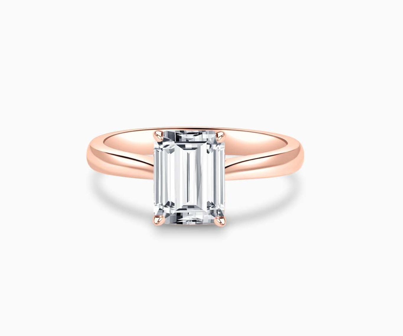 LVC solitaire ring with tapered plain band style that narrows the width towards the mount, accentuates the beauty of the centre stone in rose gold 