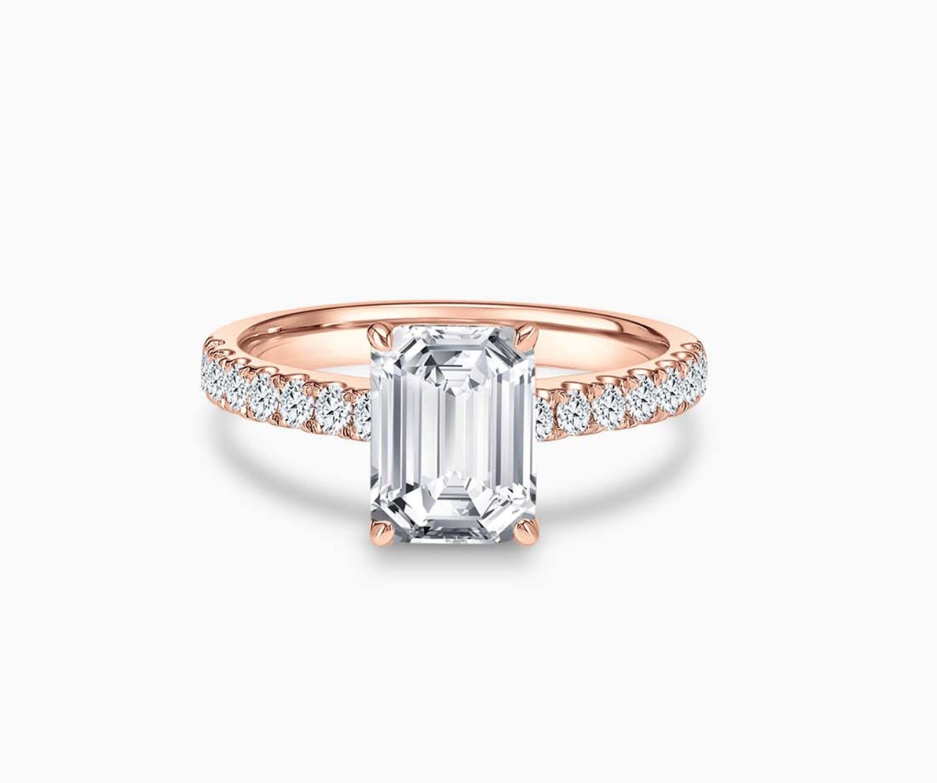 LVC solitaire ring with classic straight pave band lined with side diamonds in rose gold