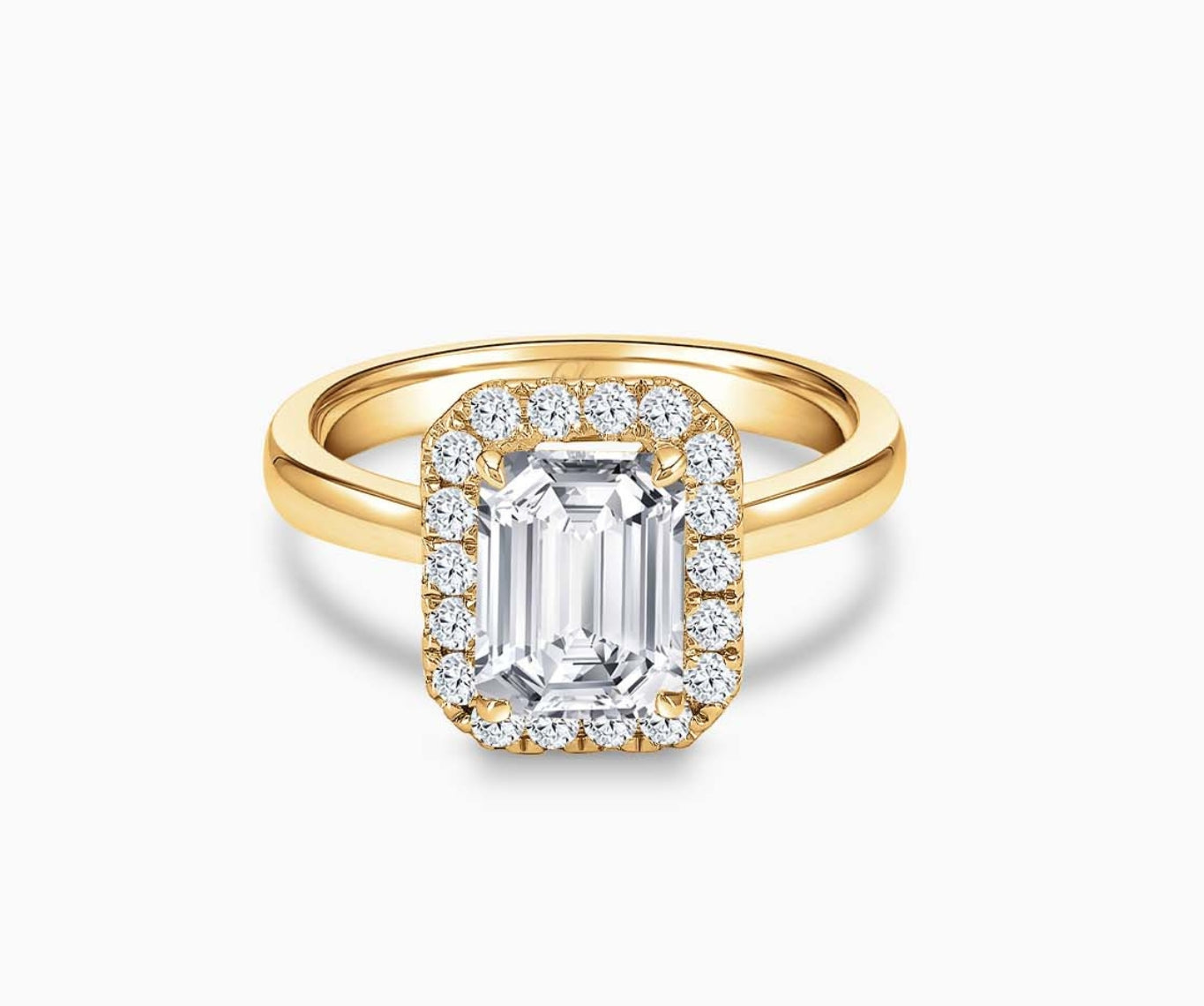 Emerald cut diamond halo engagement ring set on yellow gold with a straight plain band design