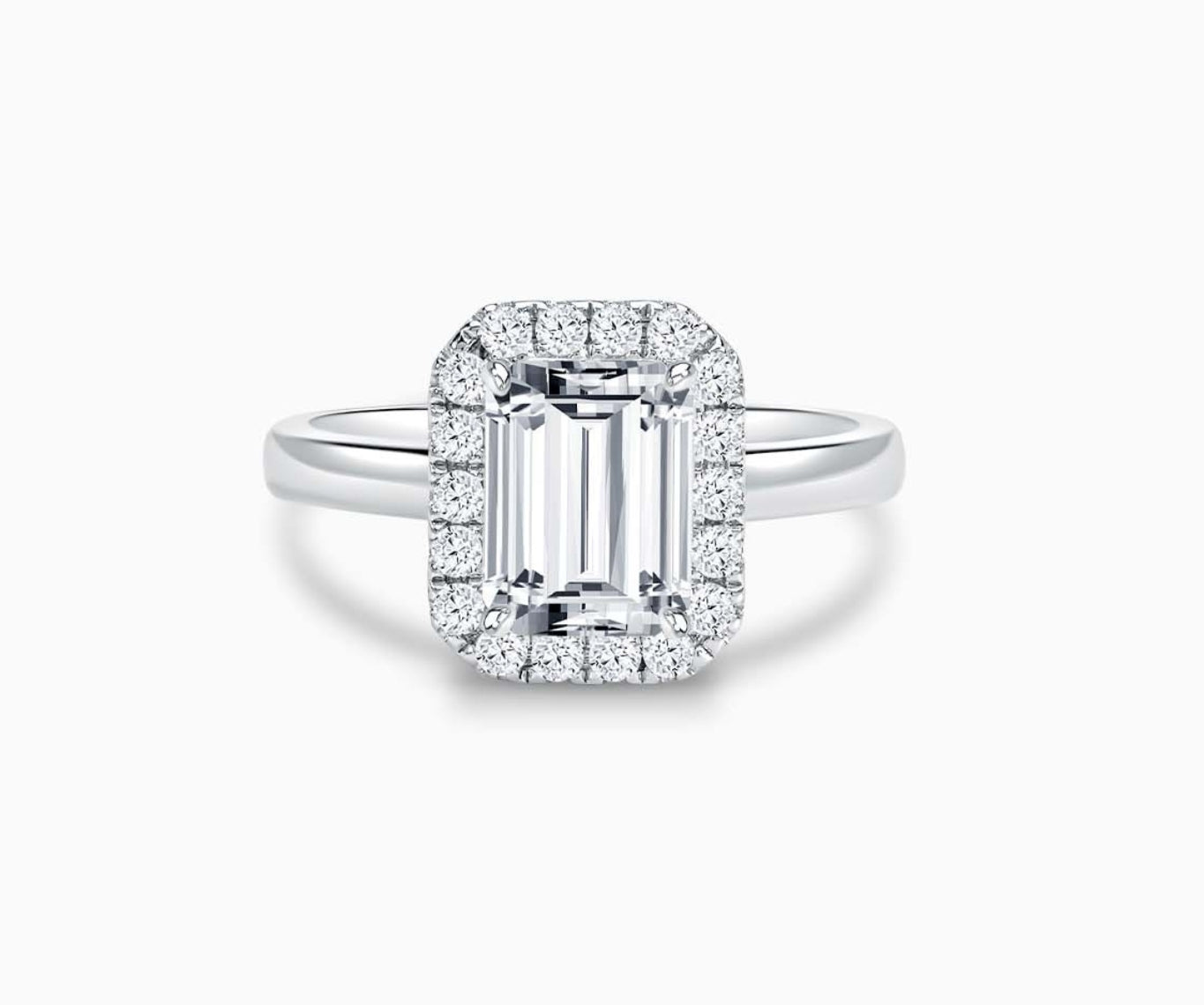 emerald cut diamond halo engagement ring with straight plain band