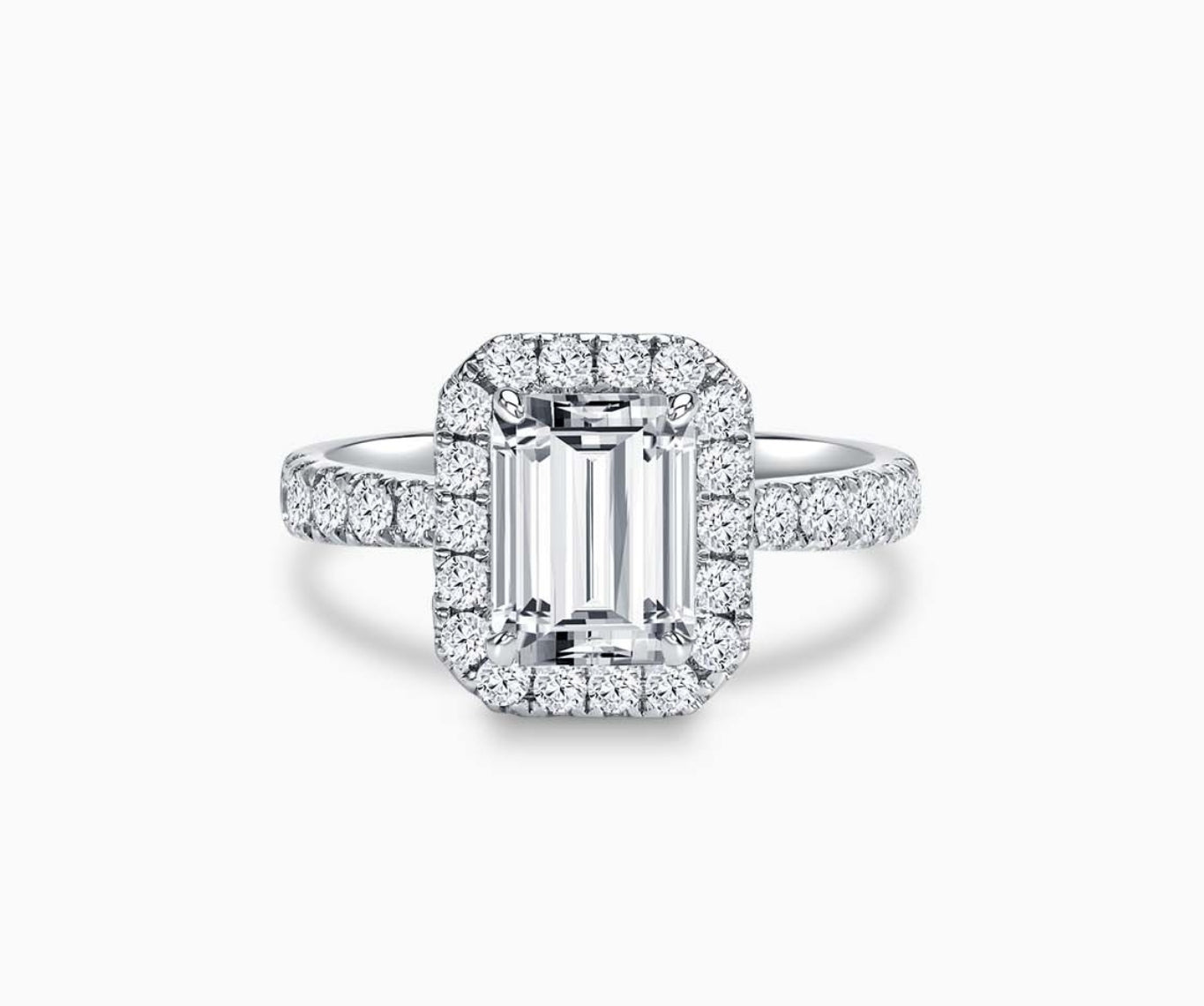  emerald-cut diamond halo engagement ring with tapered pave band