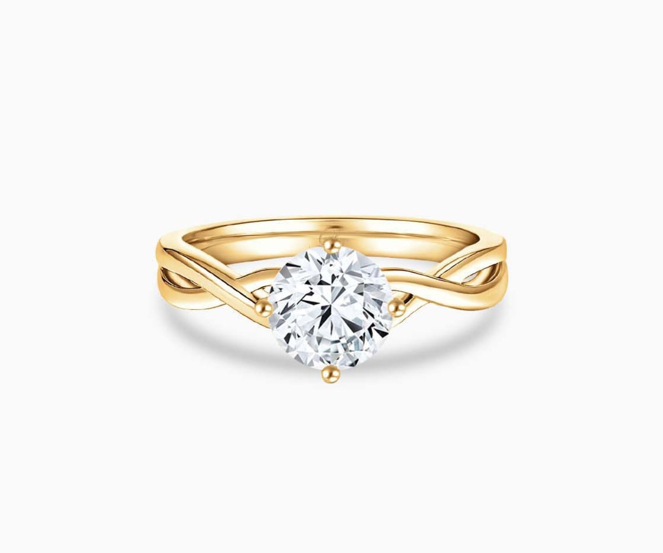 Yellow gold solitaire diamond ring with a twisted infinity band, symbolizing two entwining lives in a romantic and unique design.