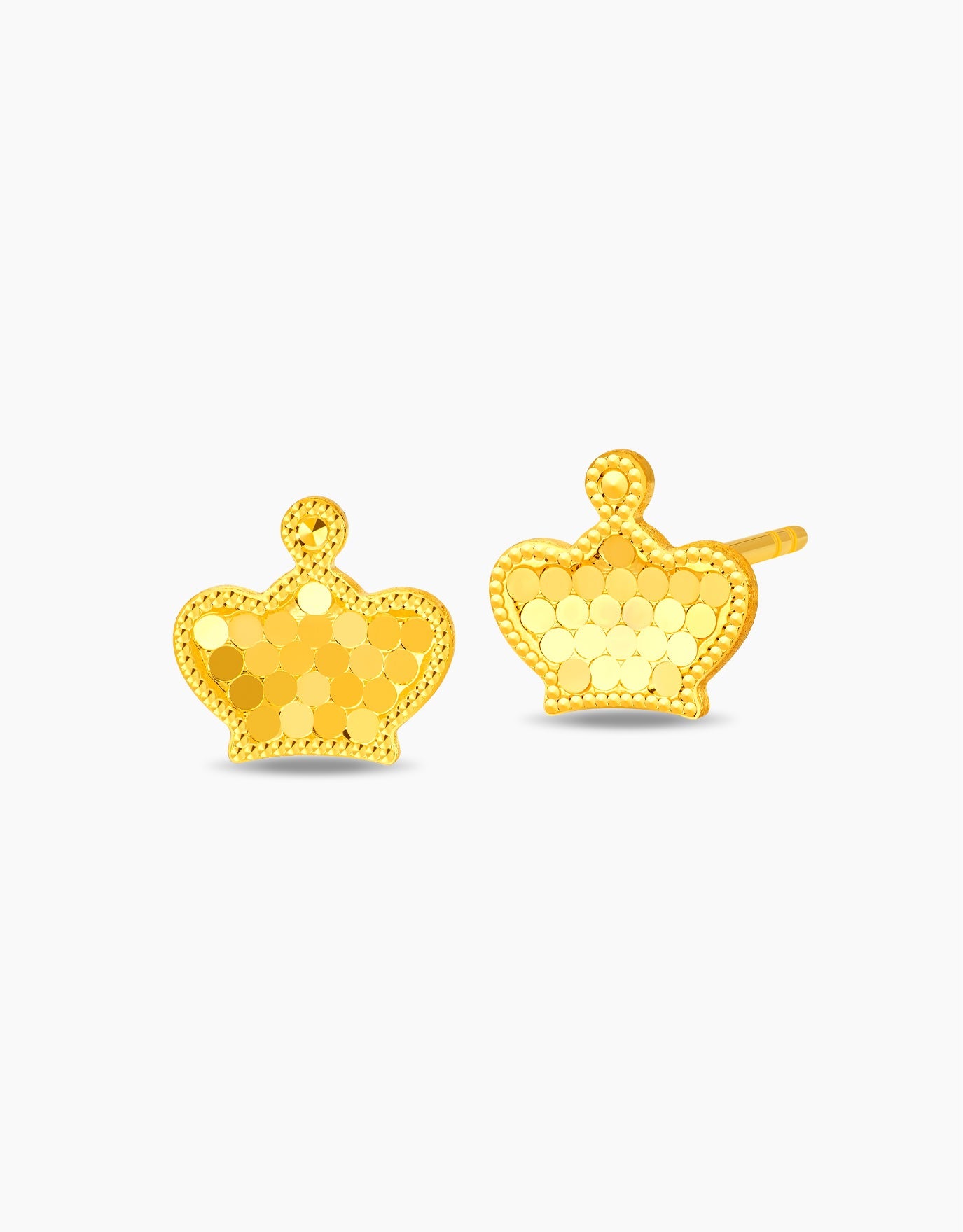 LVC stud earrings in 999 pure gold with crown shape and a faceted texture