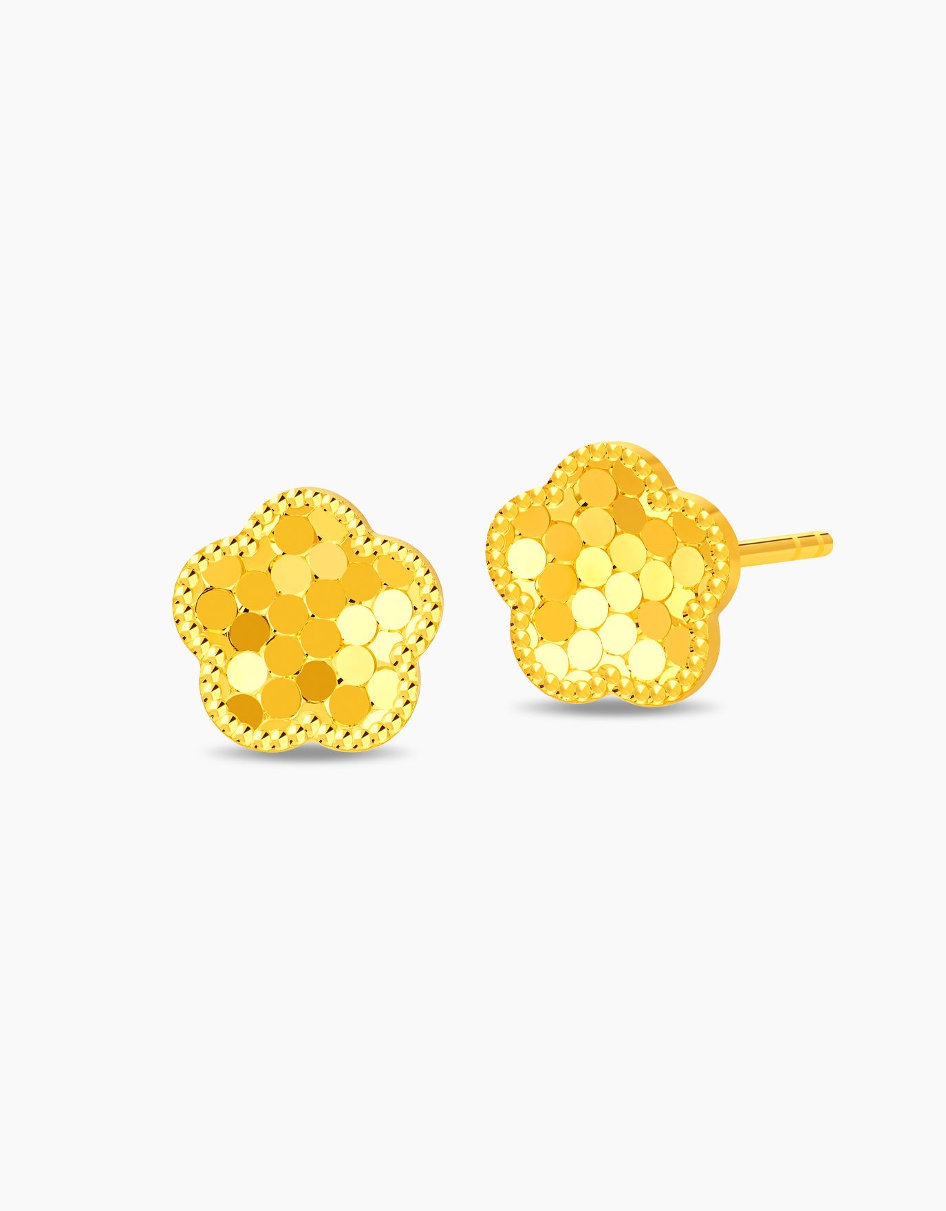 LVC stud earrings in 999 pure gold with flower shape design and faceted texture