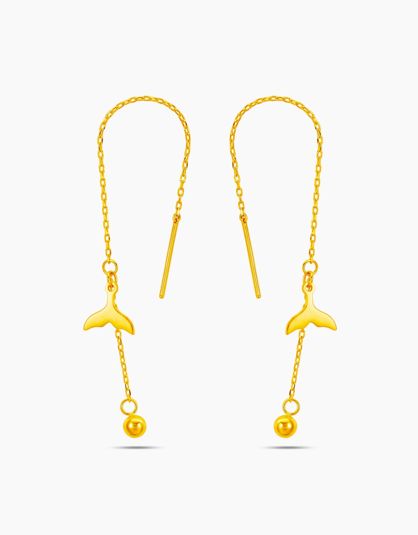 LVC dangling earrings with fish tail and a bell in 999 pure gold