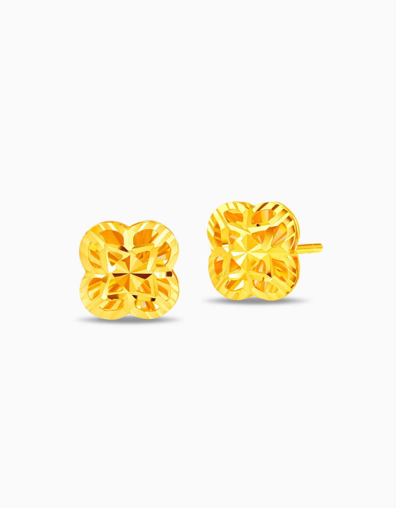 LVC stud earrings featuring a rounded four leaf clover design with textures in 999 gold