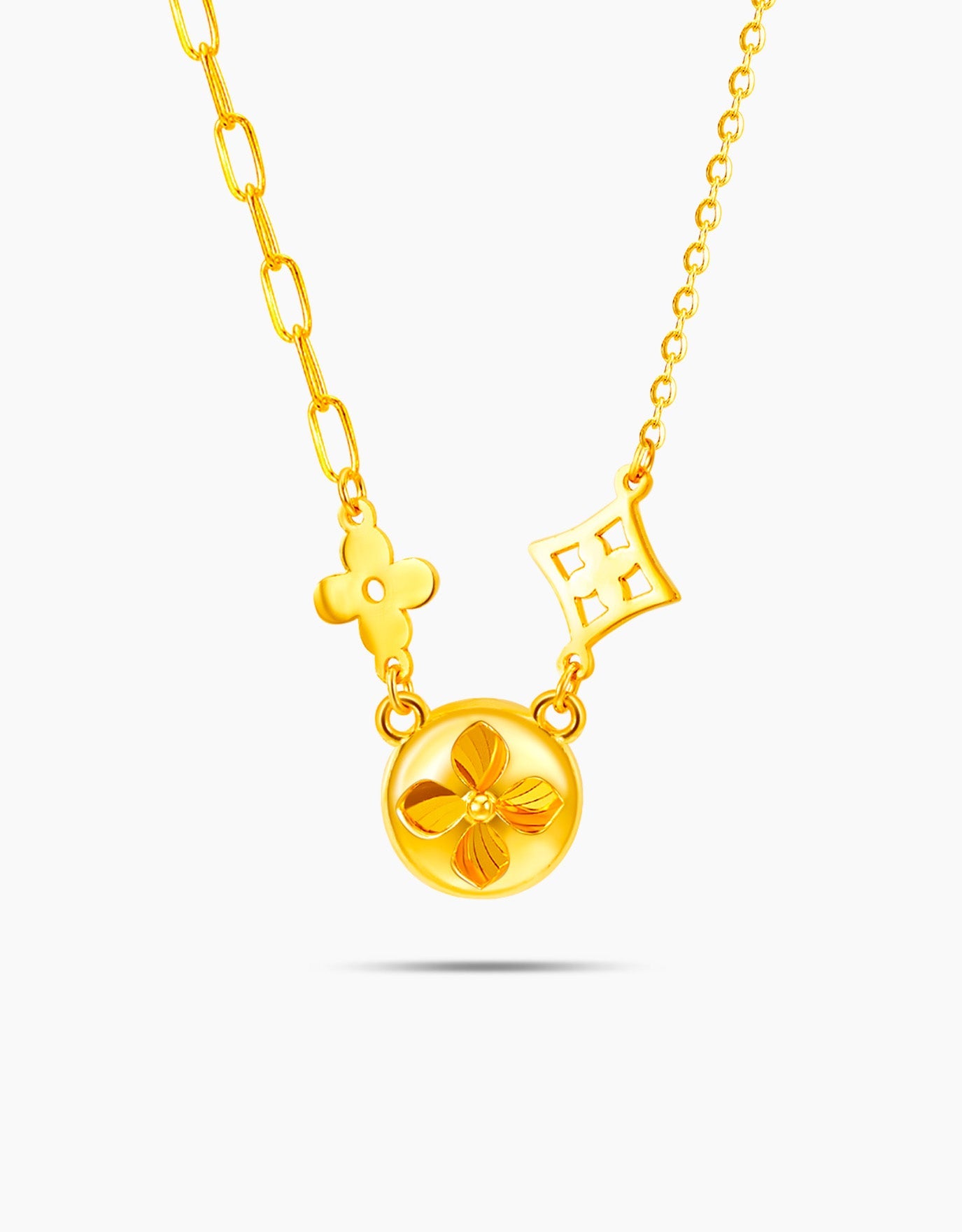 LVC necklace in 999 gold crafted with a dainty floral print linked with two distinct chain designs