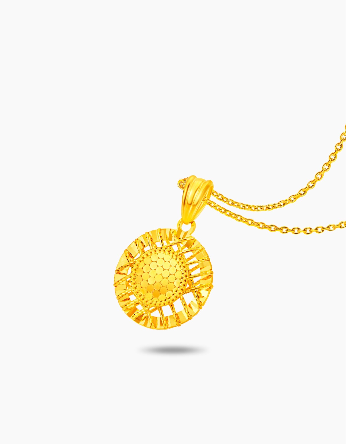 LVC gold necklace designed with delicate honeycomb motifs that graces the smooth curves of a round silhouette