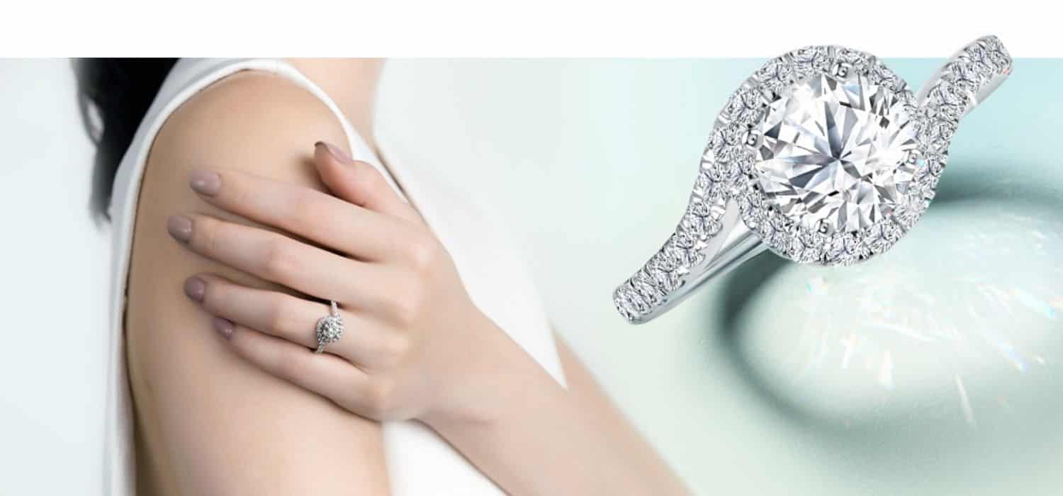 Love & Co diamond carat ring model with twisted halo pave