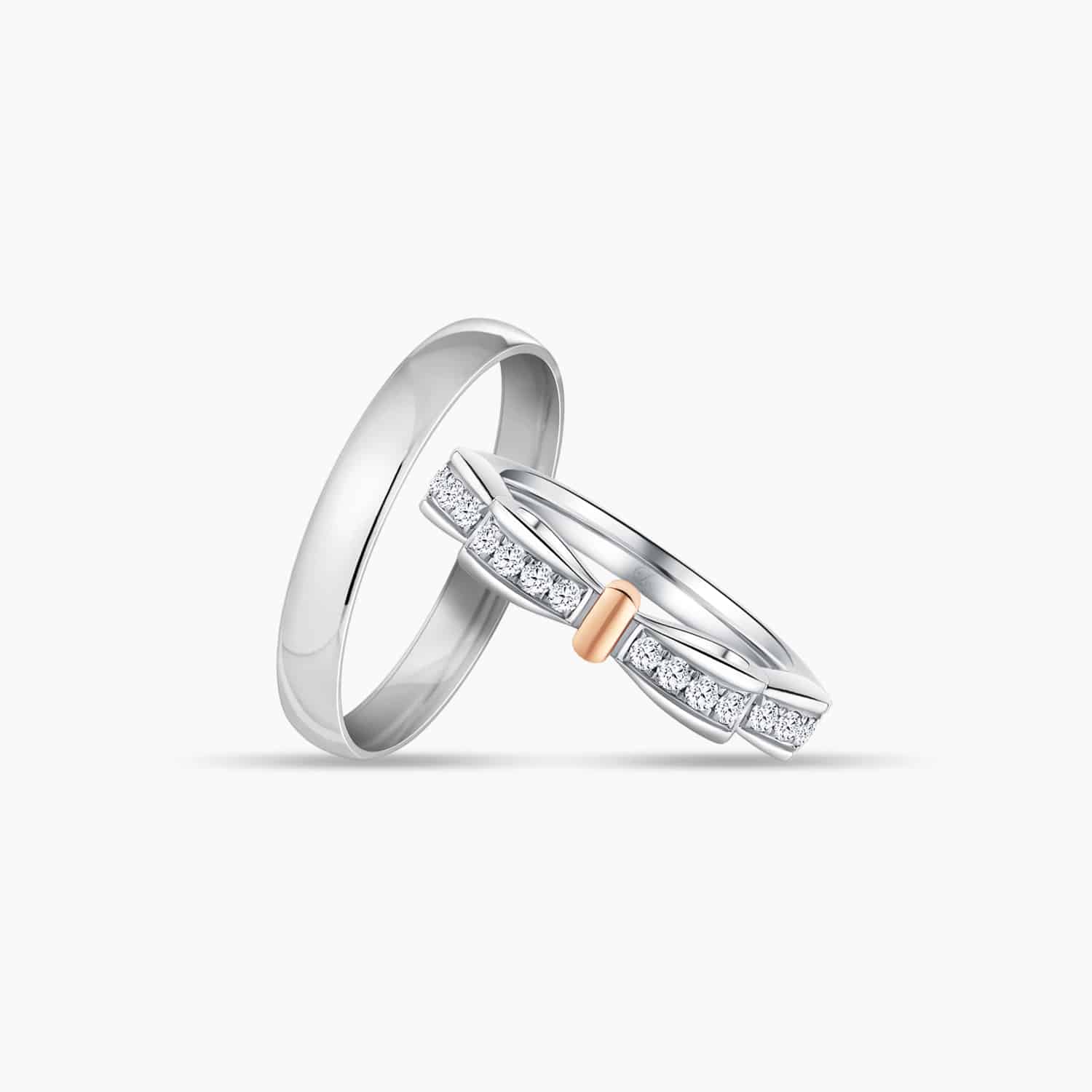 LVC NOEUD BOW WEDDING BAND WITH A ROSE GOLD KNOT AND DIAMONDS a set of white gold engagement wedding ring or wedding bands in white and rose gold with diamonds 钻石 戒指 cincin diamond