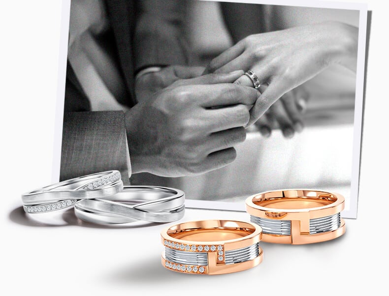 Wedding rings set for couples: classic band for him, curved band with  diamond for her | Eden Garden Jewelry™