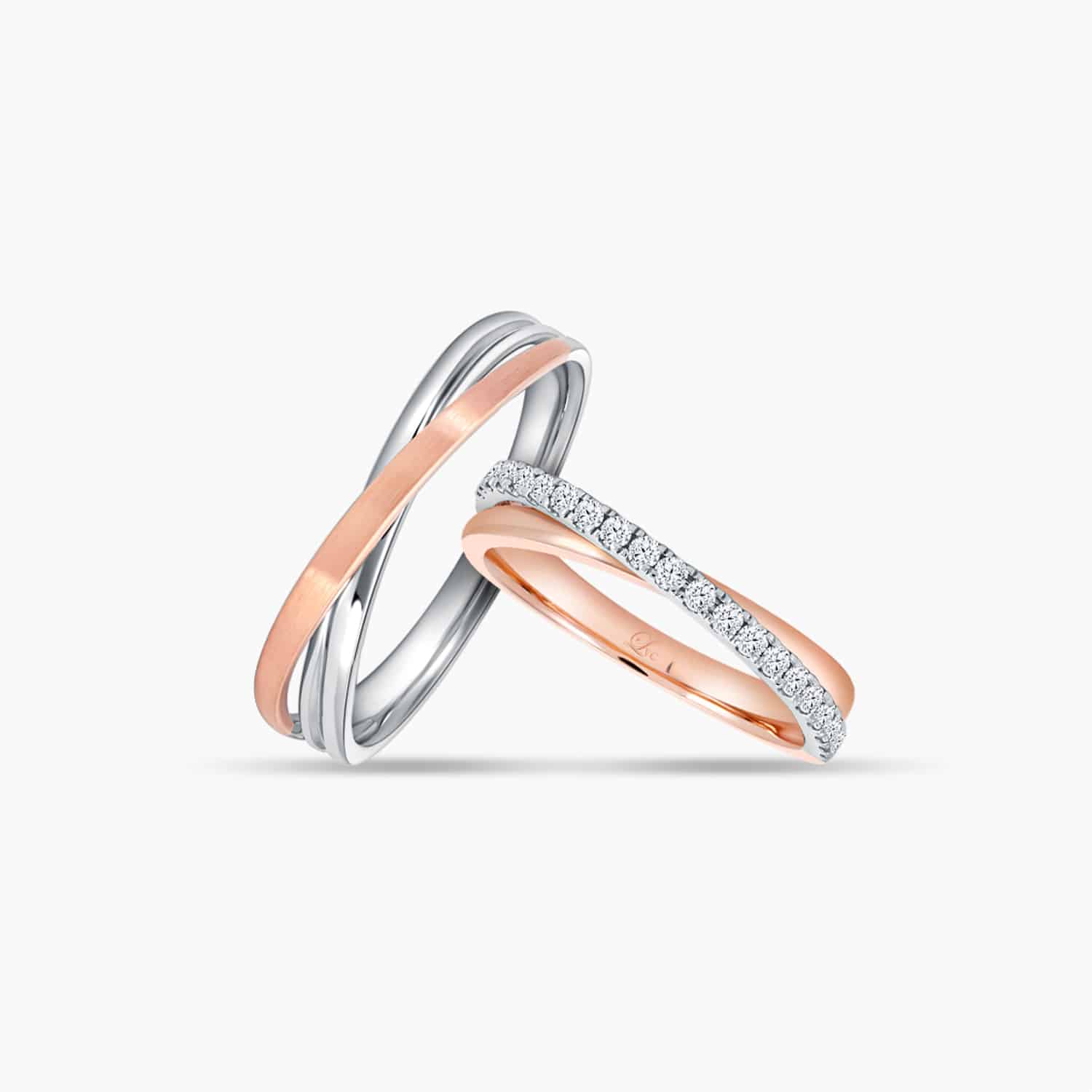 LVC Desirio Duet Couple Wedding Rings Set in Rose Gold and a Band of Diamonds