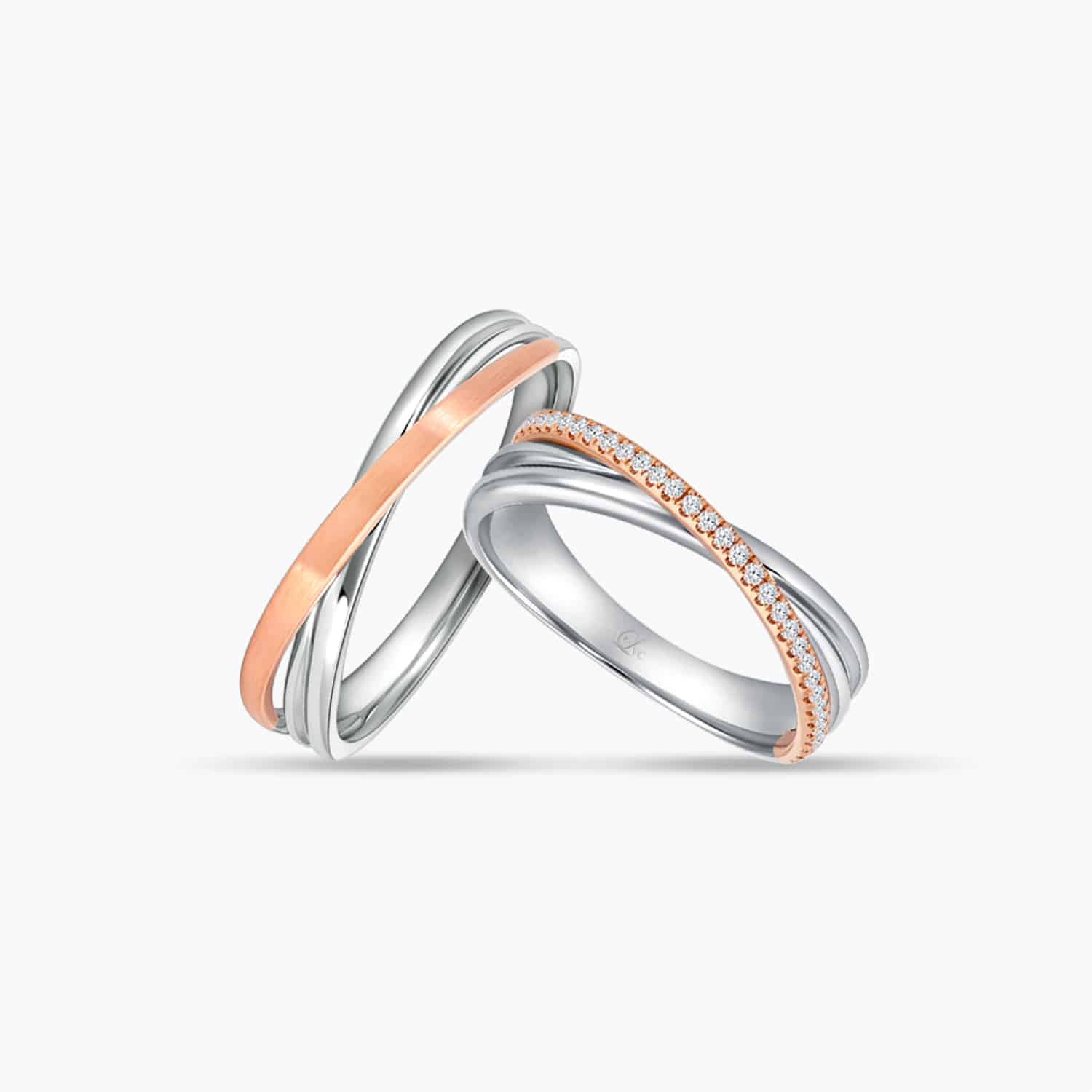 LVC Desirio Cross Wedding Band Pair for couple in White Gold with Matte Rose Gold Band