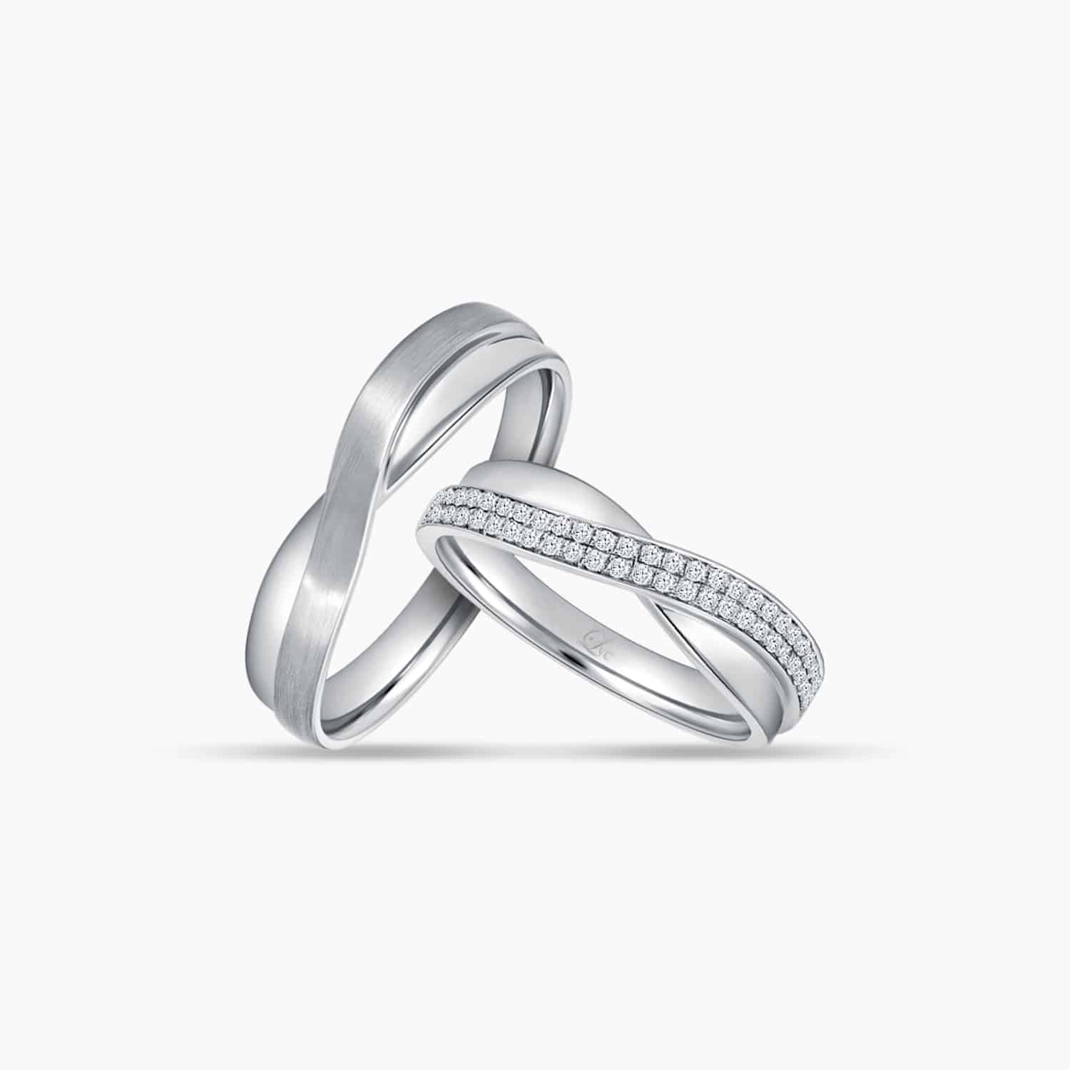 LVC Desirio Cross Couple Wedding Ring Set in White Gold with a Dual Array of Diamonds