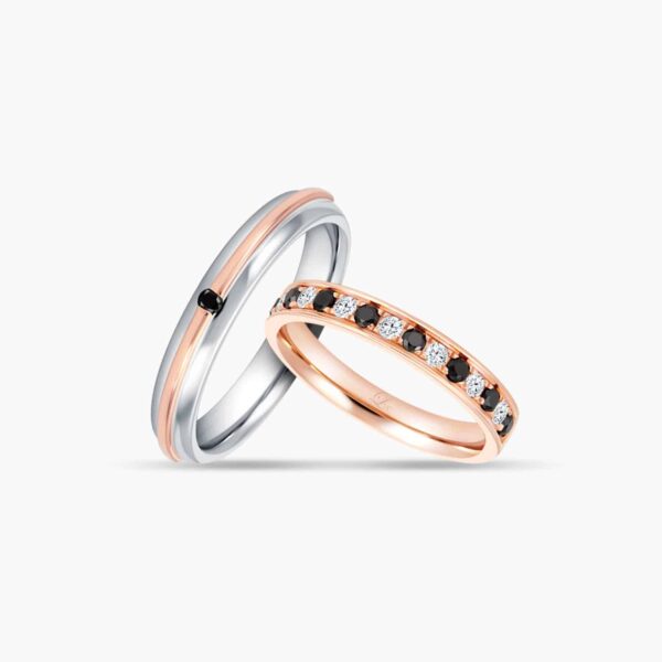 LVC Eterno Wedding Band & Wedding ring set in White and Rose Gold with Center Black Diamond