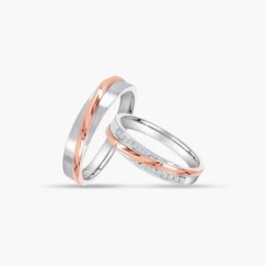 LVC Desirio Allure Couple Wedding Band Pair in White and Rose Gold with Brilliant Diamonds