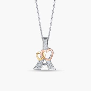LVC Charmes Hearts Entwined Eiffel Diamond Pendant made in 10k white gold, rose gold, yellow gold & 7 Diamonds 0.03 carat. Comes with 10K White Gold chain
